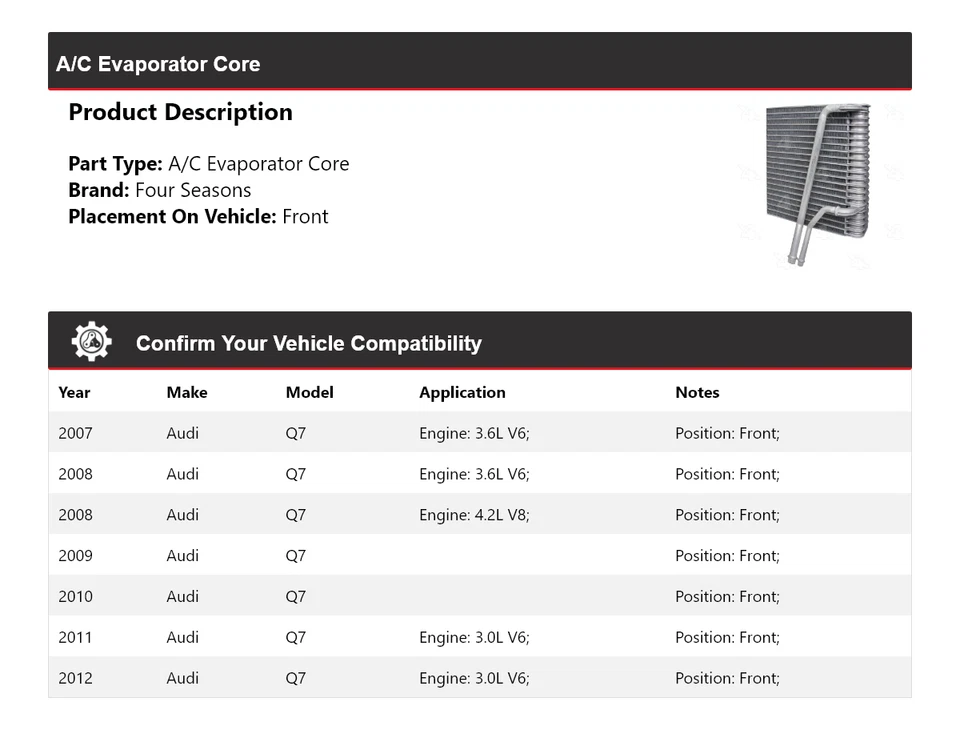 Núcleo evaporador delantero 4 estaciones 2008 2009 2010 2011 para Audi Q7 2007-2012 Foto 2 de 4
