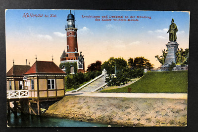 Postcard-Holtenau with lighthouse and monument-field post Navy flight station 1915