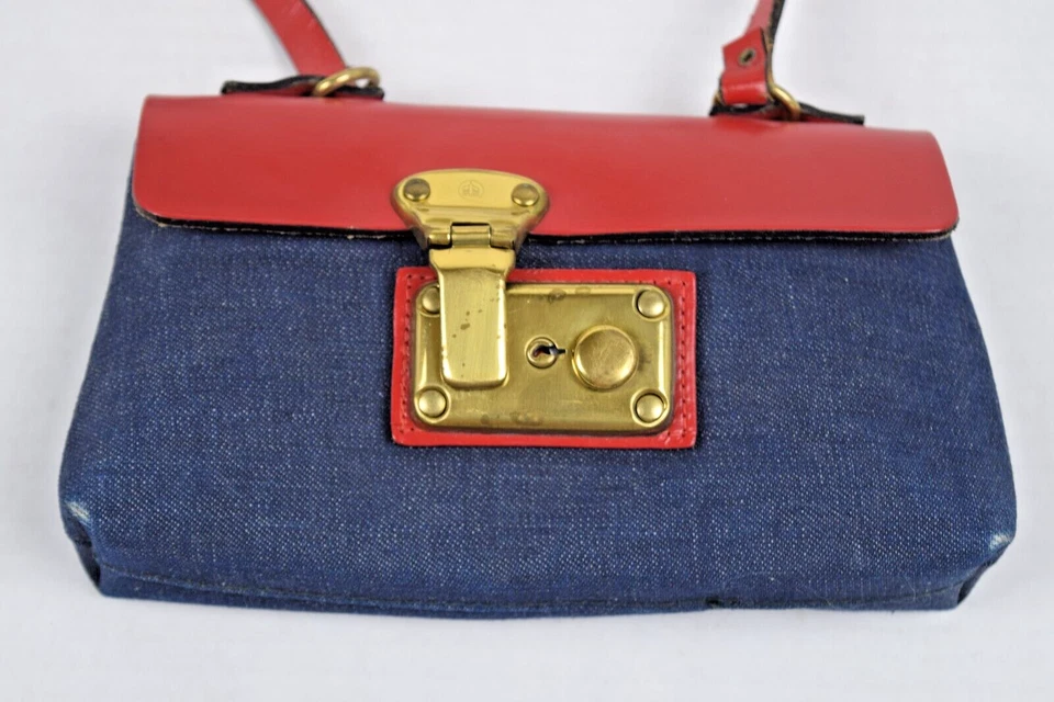 Vintage Purse Daveys 40s Red Blue Leather Denim Structured Bag Metal Clasp 8"X5" - Image 3 of 4