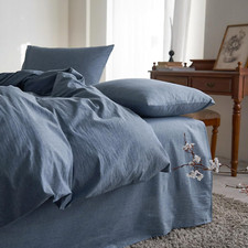 - Cotton Duvet Cover Set, Full Size, Chambray Denim Blue, 100 Washed Cotton, Li