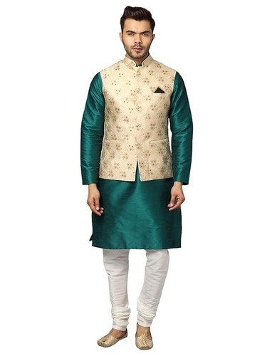 Men's Silk Blend Kurta & Churidar Pyjama With Ethnic Bundi Jacket | 3 In 1 | - Imagen 24 de 182