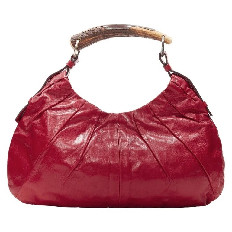 YSL YVES SAINT LAURENT Red Iconic Mombasa Leather Shoulder Hobo Bag Horn  Handle