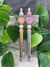2 PC Handmade Silicone Wood Bead Rhinestone Black Ink Pen Set New Flower A3619