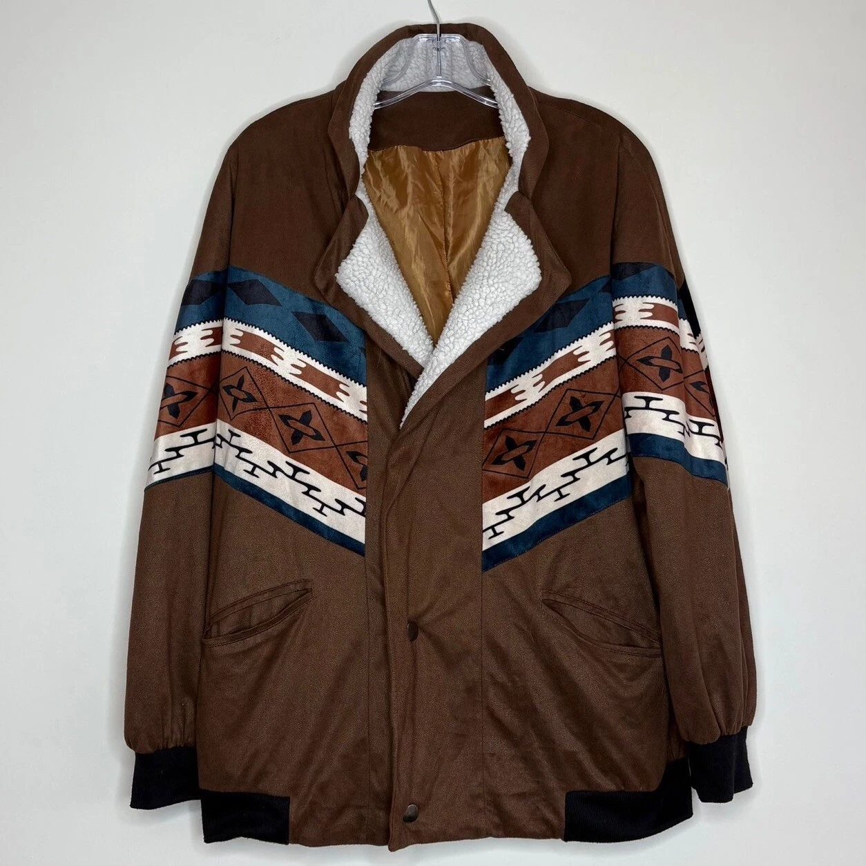 Jacket Unisex Small Brown Multi Aztec Sherpa Detail Lined Snap Long Sleeve