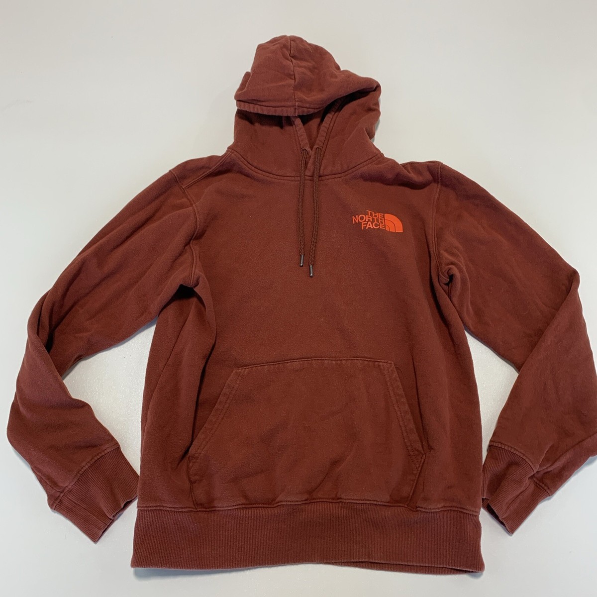 The North Face Hoodie Mens Small Burnt Orange Spellout Pull Over