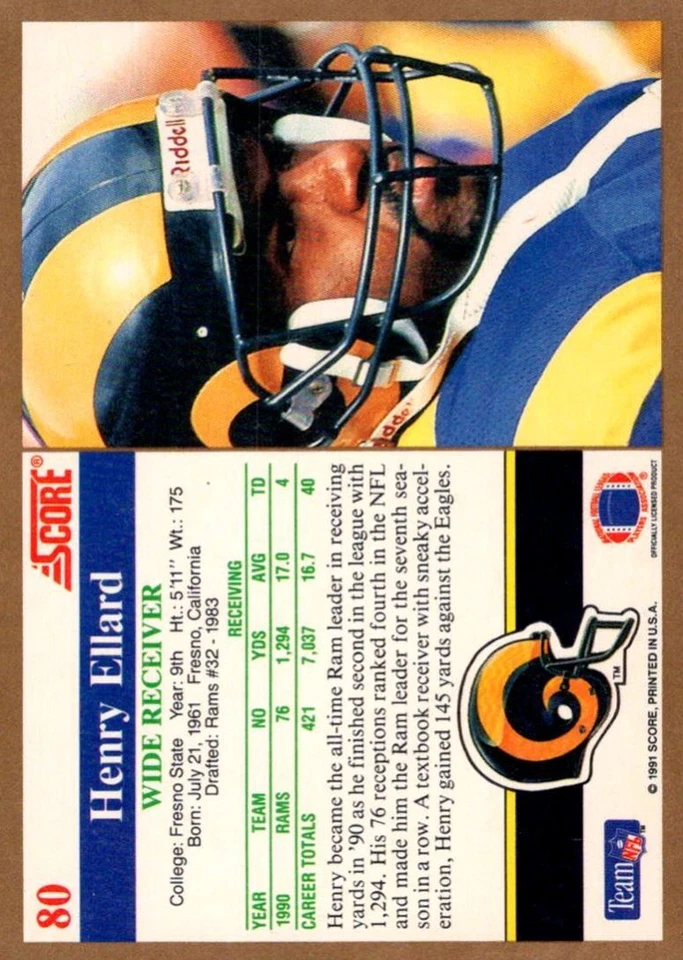 1991 Score Henry Ellard Los Angeles Rams #80 - Image 2 of 2