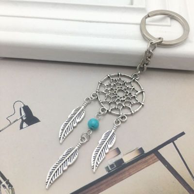 Portachiavi In Metallo Argento Con Piume E Acchiappasogni, Ciondolo Con Tasselli