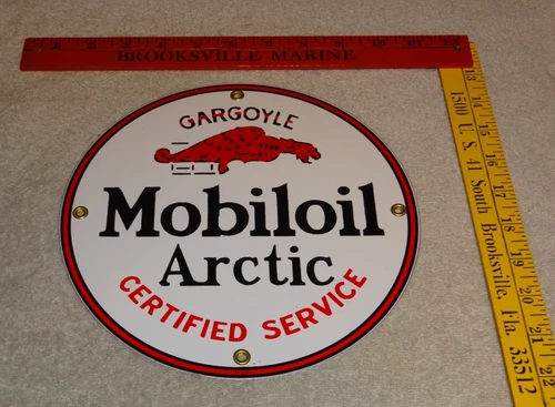VINTAGE 1939 MOBIL MOBILOIL ARCTIC GARGOYLE 9" PORCELAIN METAL GASOLINE OIL SIGN