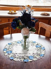 Antique Blue Rose on White Polyester Satin Fabric (22" Round) Doily