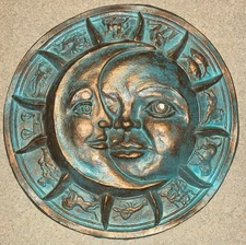 Celestial Sun Moon Zodiac Wall Art Sculpture Plaque Aqua Teal Patina Antiqued