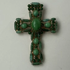 Vintage ALICE CAVINESS - Signed Cross - Green Glass - Large  Brooch/Pendant 3.5"