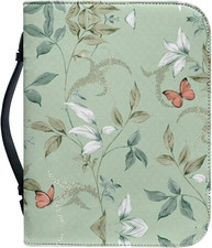 Green Leaves Print Bible Cover Premium PU Leather Bible Case Multi-Pocket Zipper
