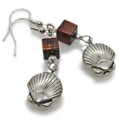 Silver Tone Metal Sea Shell and Tiger's Eye Bead Earrings By SoniaMcD