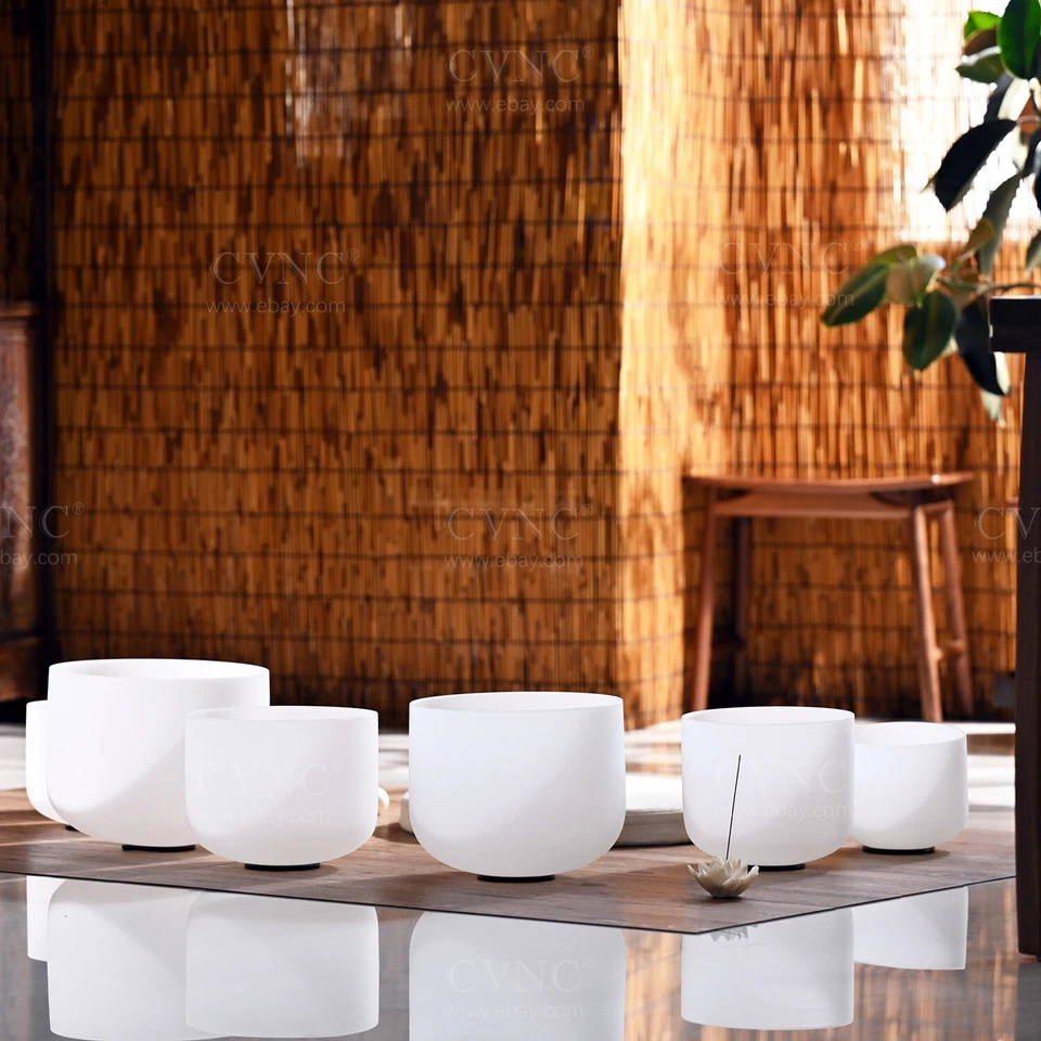 432Hz 6"-12" Set of 7 Chakra Frosted Quartz Crystal Singing Bowl Sound Heal Bags - Image 2 of 4