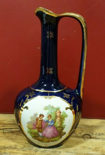 Ancien vase bleu roi et dorures décor romantique signé Fragonard peint main#1828 - Photo 1/5