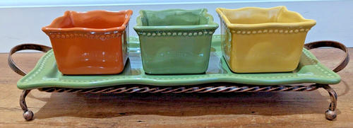Princess House Pavillion Avocado Green Serving Platter 14"x 6.5", 3 Bowls, Stand
