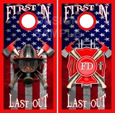 Firefighter First In Flag Cornhole Wrap Bag Toss Skin Decal Sticker