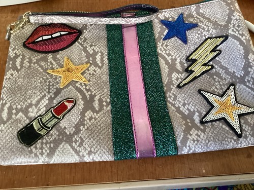 Aldo Oversized Zip Clutch Purse Hand Bag Metallic Faux Snakeskin Sequin Patches - Picture 5 of 5