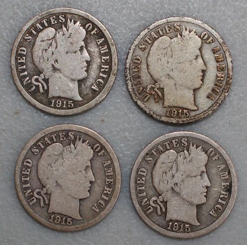 4 Silver Barber Dimes Four 1915 10c US Type Coins Circulated GOOD 10 Cents