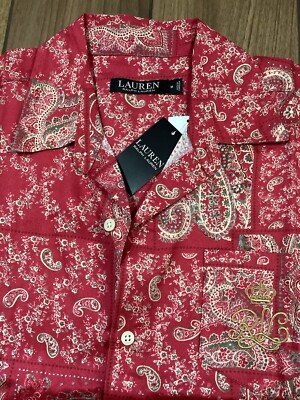 Lauren Ralph Lauren Sleep Shirt Women s Size Medium Red Paisley Floral Button Up