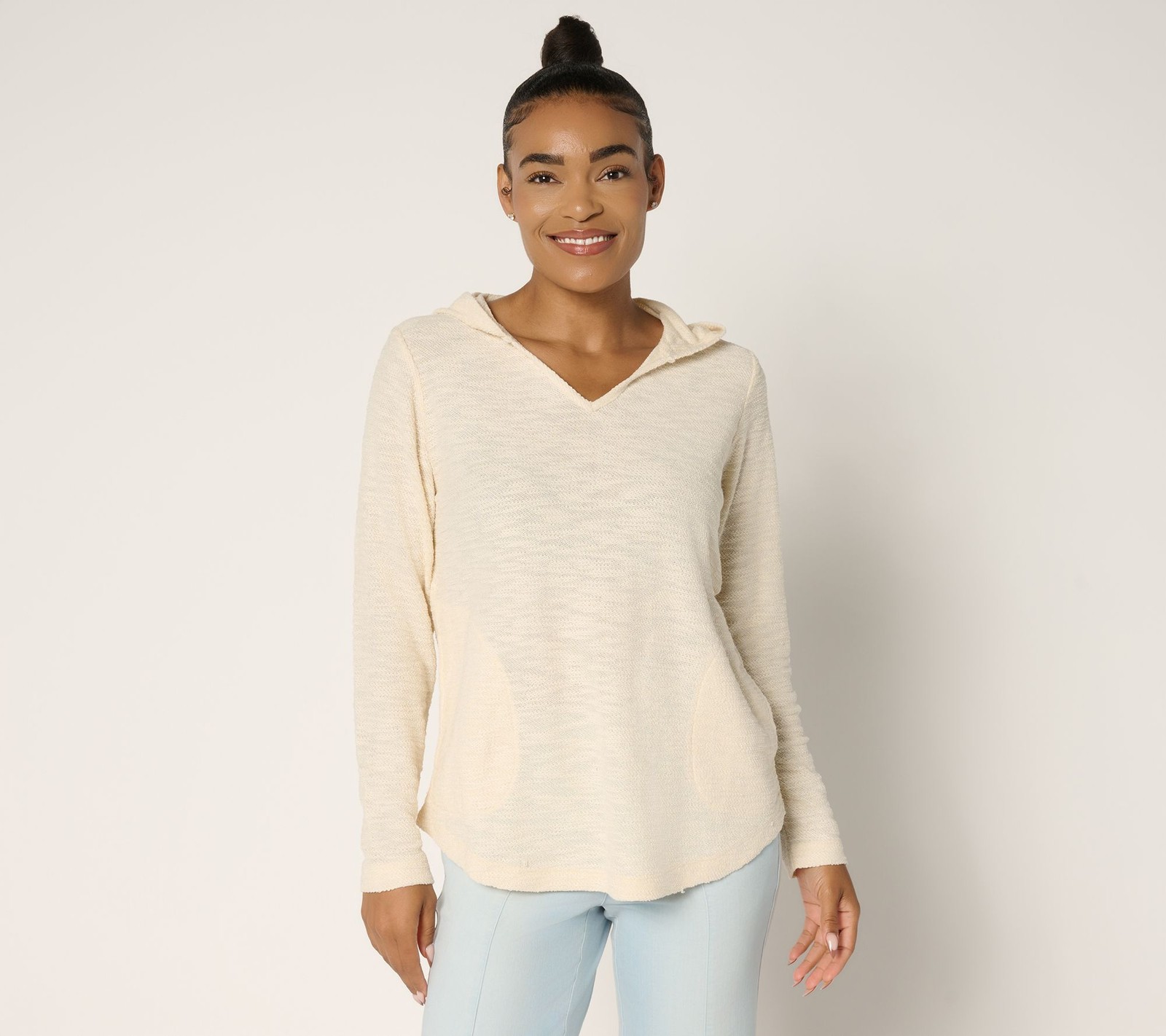Belle by Kim Gravel Women's Top Sz M Sweatshirt Slub V-Neck Hooded White A695693
