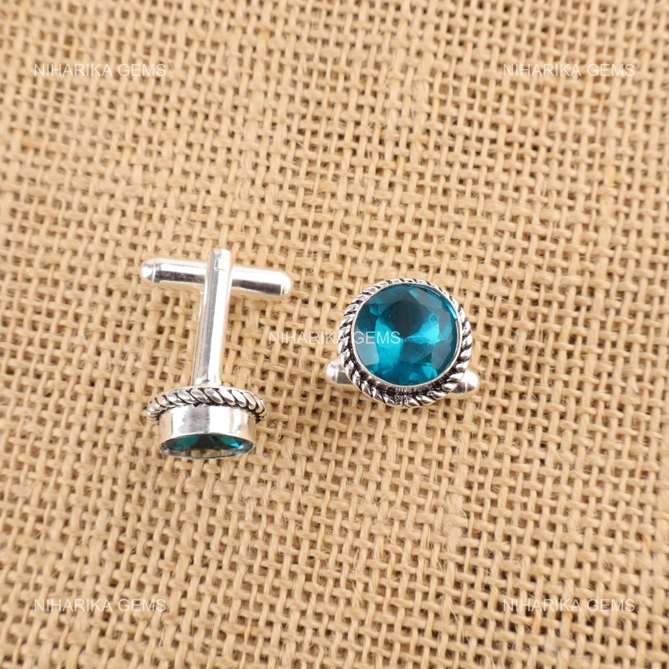 Gemelos artesanales de plata de ley 925 con piedras preciosas de apatita azul 0,51" Foto 4 de 4