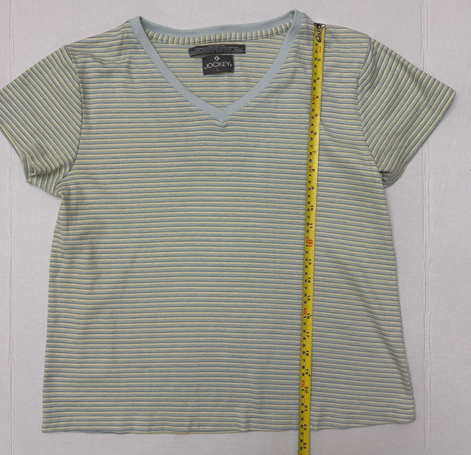 Camiseta feminina GUC Jockey listrada azul e amarela gola V manga curta tamanho G - Imagem 2 de 4