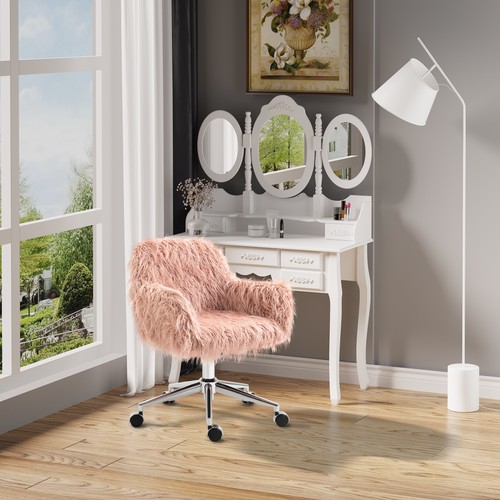 Swivel Faux Fur Office Chair, Vanity Chair w/ Adjustable Height, Wheels, Pink - Picture 10 of 11
