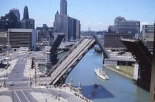 Chicago River Bridges Raised for USS Kleinsmith 1959 Skyline Vintage Color Slide