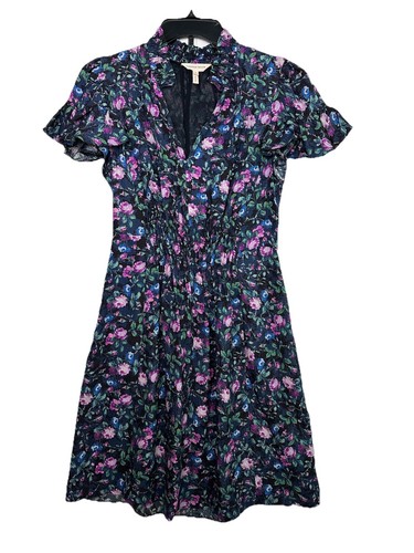 Rebecca Taylor Ruby Navy Floral Hammered Silk Mini Dress Size 2 Cottage Peasant