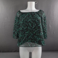 Womens Top XS Black Green Sheer Cottagcore Romantic Office Boxy Flowy Indie
