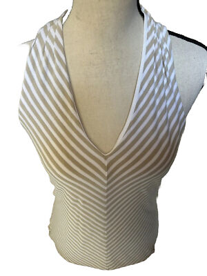   White House Black Market Sz M White Tan Metallic V Neck Pullover Top Cutout