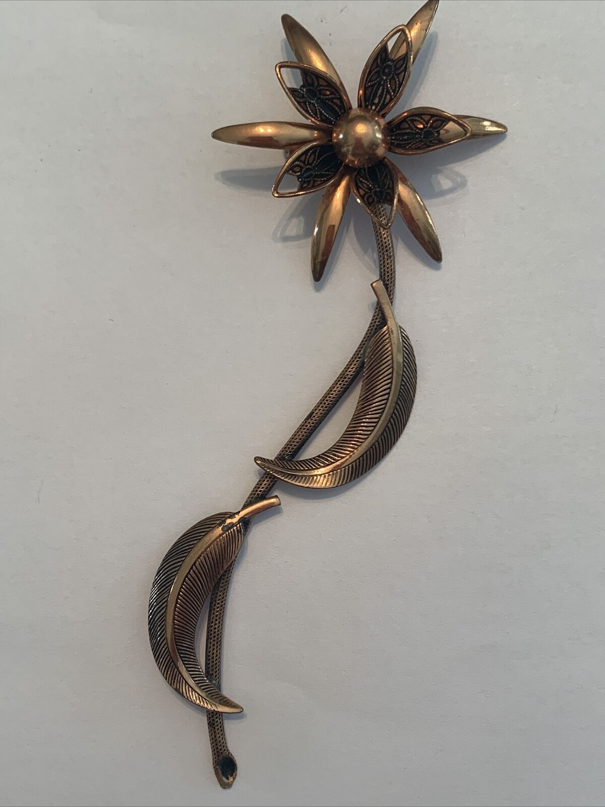 Vintage Long Modernist Style Copper Flower Brooch… - image 2