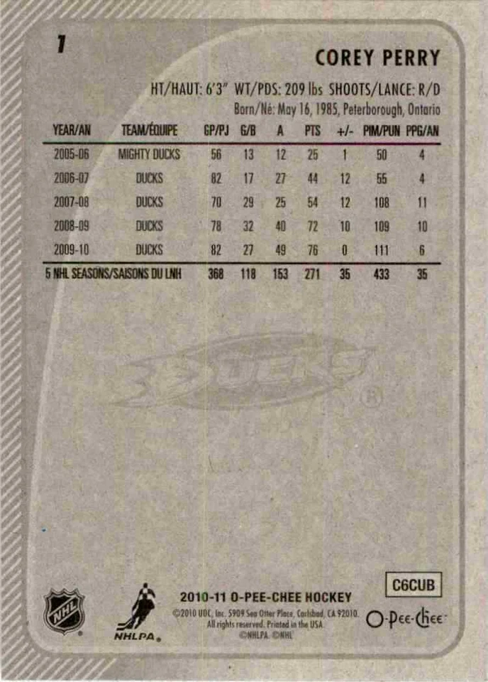 2010-11 O-Pee-Chee Corey Perry #1 - Image 2 of 2