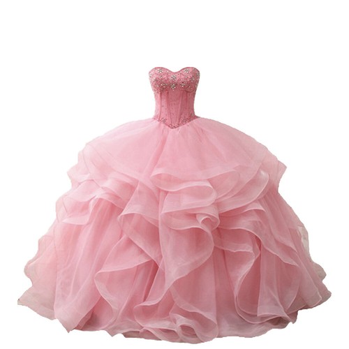 Pink Ball Gown Quinceanera Dresses Prom Dress Beaded Sweet 16 Ruffles Gowns - Picture 1 of 5