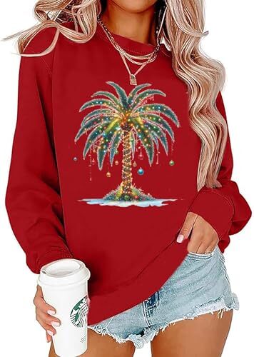Christmas Sweatshirts for Women Christmas Palm Tree Long Sleeve X-Large Red-1 - Picture 1 of 3