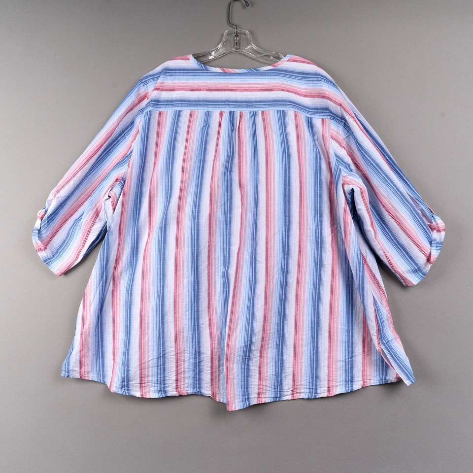 Top túnica Catherines 3X Plus rojo azul rayas cuello en V manga 3/4 lengüeta enrollable para mujer Foto 3 de 4