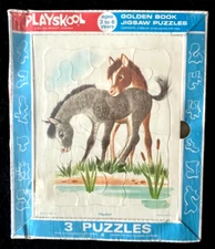 3 GOLDEN BOOK JIGSAW PUZZLES ~ PLAYSKOOL ~ Horses & Colts, Eloise Wilkin MIP