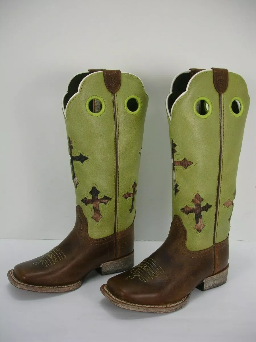 ARIAT KIDS RANCHERO LIME GREEN BROWN CAMO CROSS COWBOY WESTERN BUCKAROO BOOTS 8