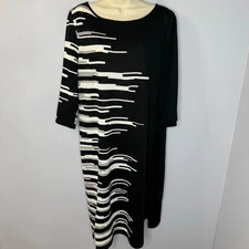 Ming Wang Knit Jersey 3/4 Sleeve Black White Midi Dress Stretch Women's L 