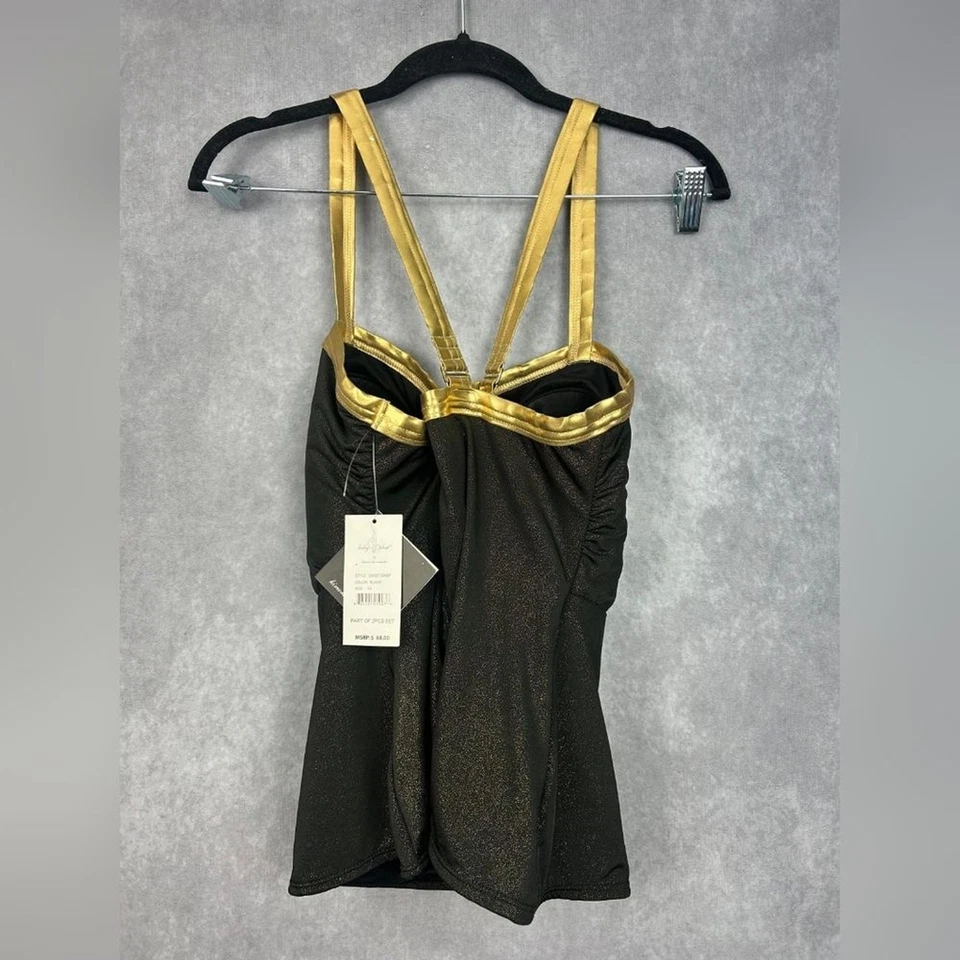 Traje de baño de una pieza Baby Phat negro y dorado metálico con estampado de logotipo brillante - talla 1X Foto 2 de 4