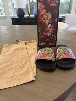 Gucci Blooms Supreme Floral Flower Canvas GG Slides Sandals Shoes SZ 38G,  7.5US