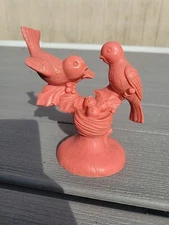 A satini 2 Birds And Nest Sculpture, Coral In Color.