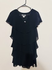 PATRA Black Ruffle Tiered Chiffon Evening Flapper Dress Gown Rhinestones Sz 6