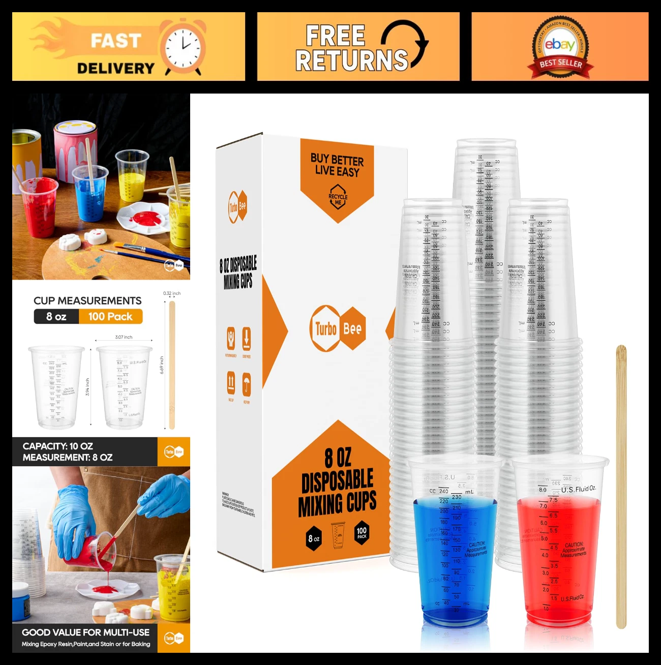 100 Pack 8oz Disposable Measuring Cups with Mixing Sticks - Perfect for Paint, E