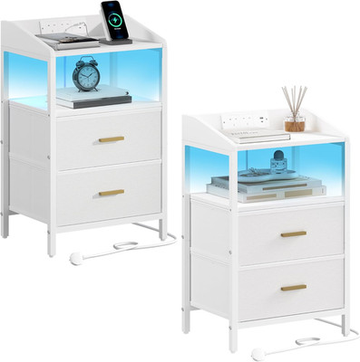 Nachttische 2er Set mit LED Beleuchtung und Ladestation, Nachtschrank wi
