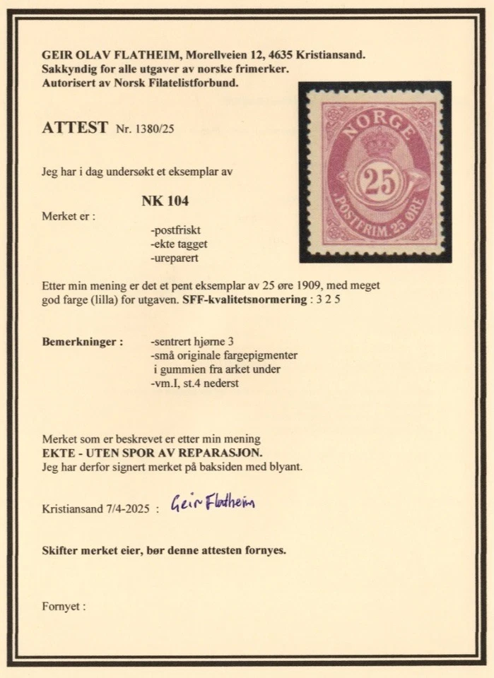 Norway Posthorn Stamp MNH Year 1911 with New Certificate NK 104 (CV: 220 USD) - Image 2 of 2