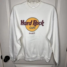 Hard Rock Cafe Paris Sweatshirt Mens Large White Crewneck Pullover Graphic Logo