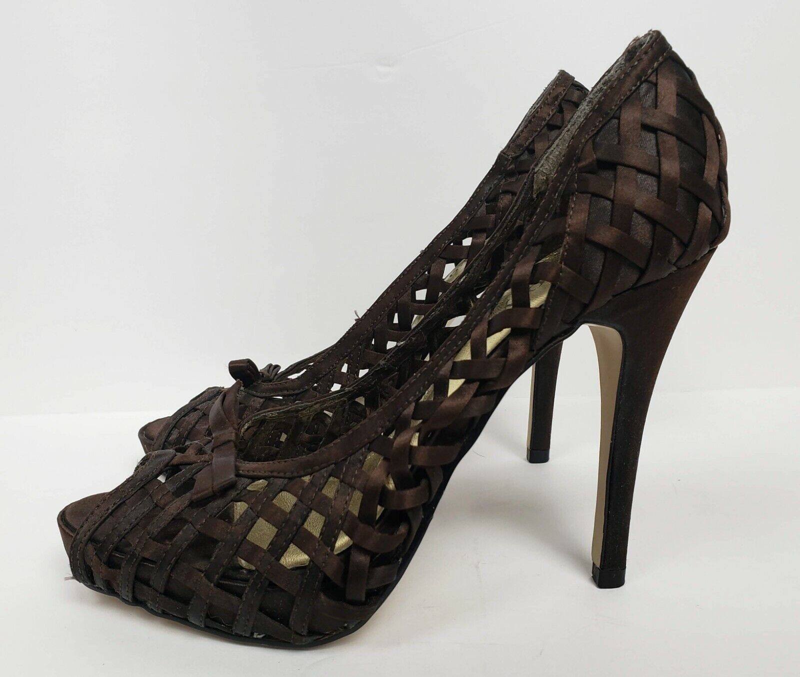 Karolyn Womens Brown Satin Weave 2021 autumn and winter new Pumps Indianapolis Mall Toe Stiletto Unique Peep
