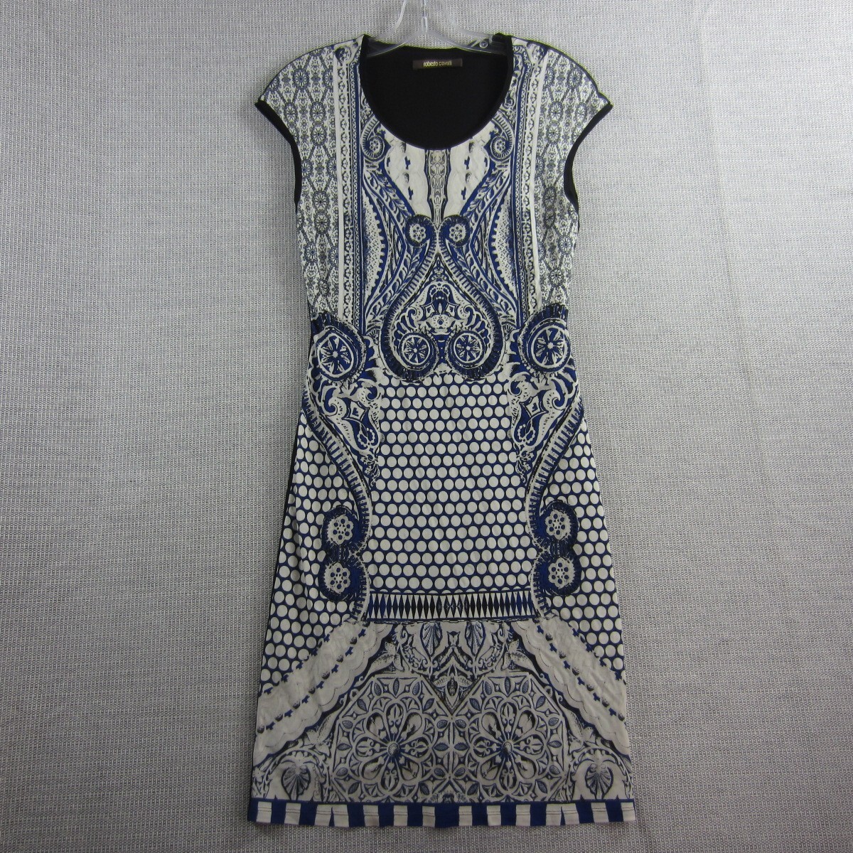 Roberto Cavalli 40 Dress Women Blue Black Cap Sleeve Designer Pattern Small  | eBay